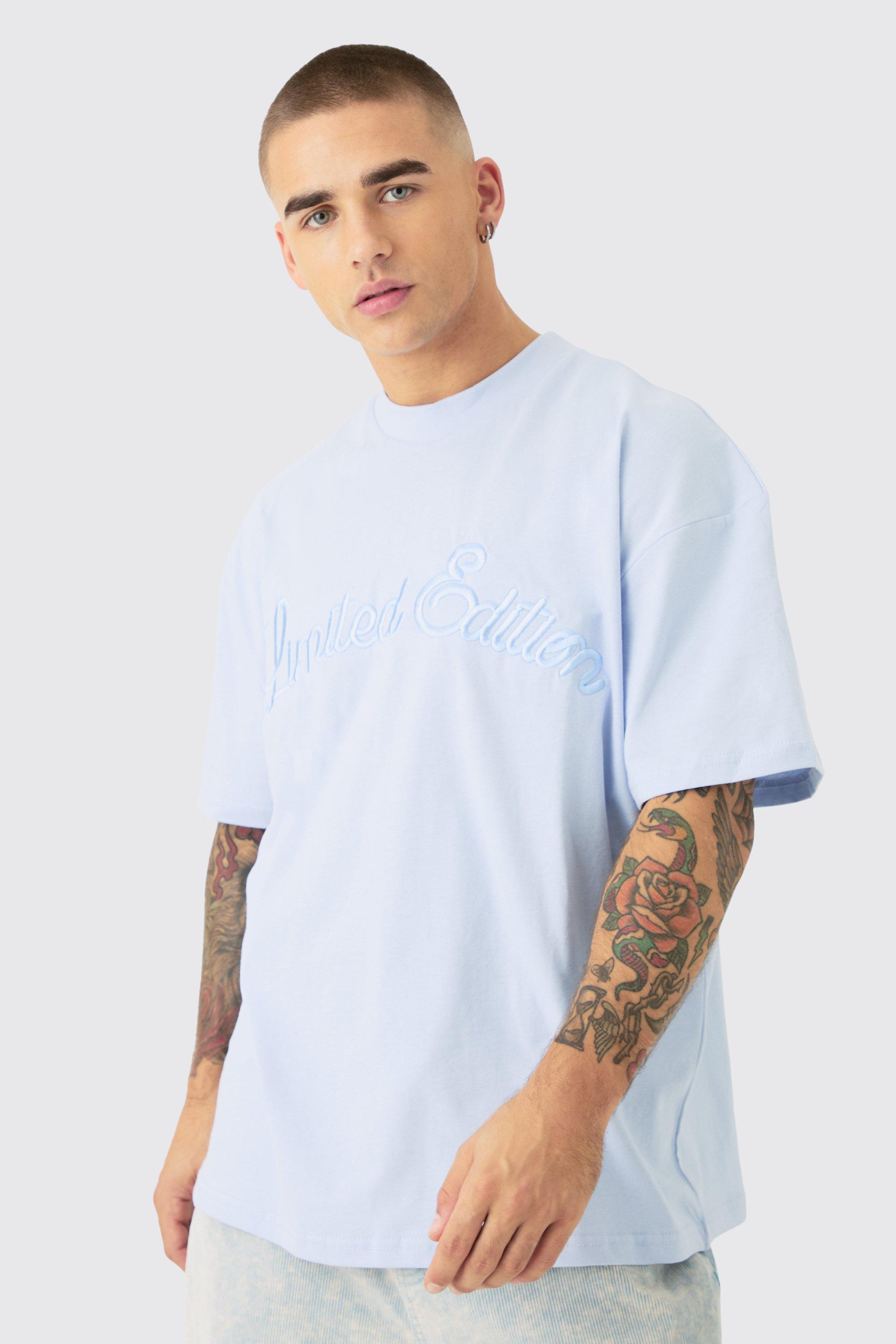 Mens Blue Oversized Heavyweight 3D Limited Embroidered T-Shirt, Blue